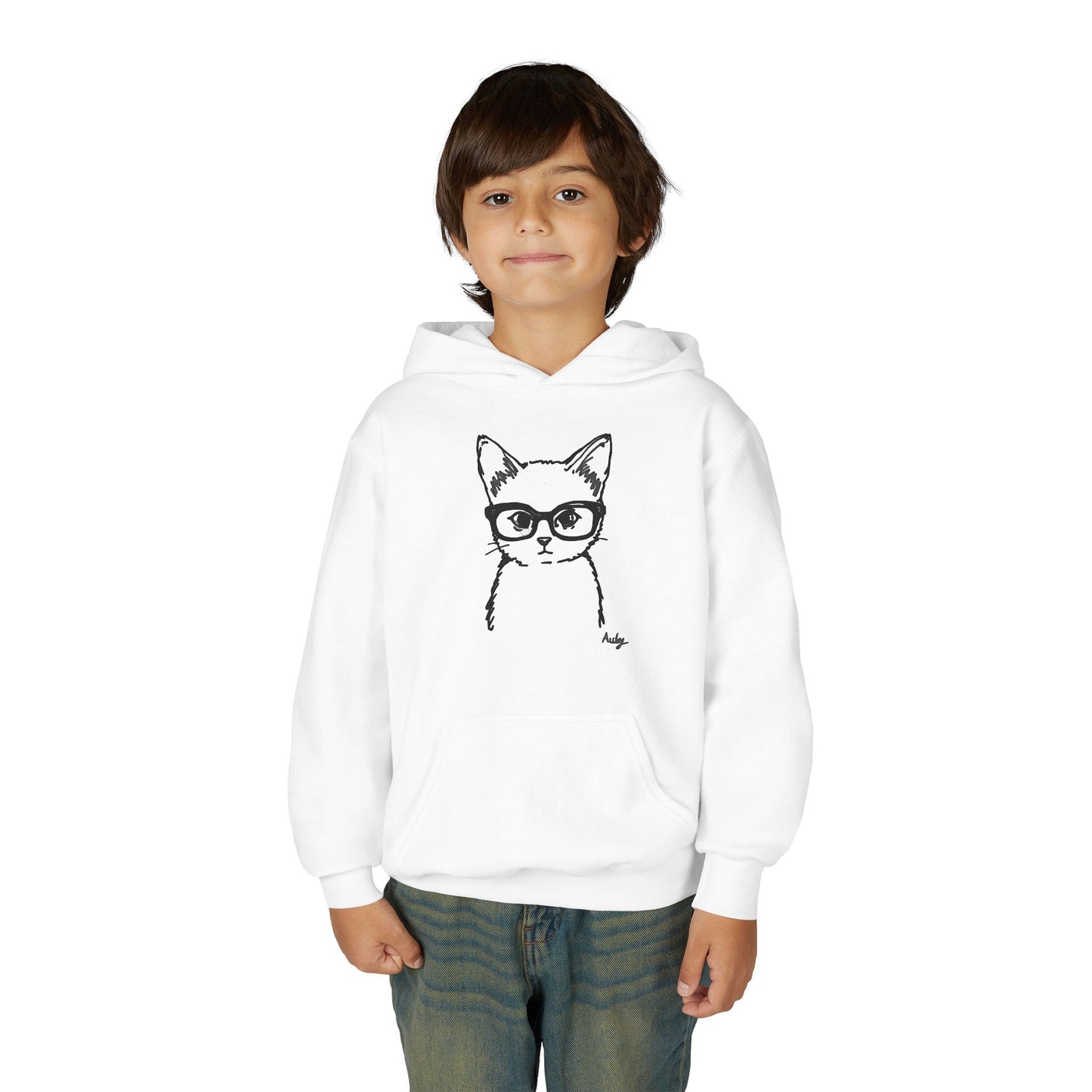 Youth Cat Hoodie with Glasses Sketch – Cute Kids Pullover
