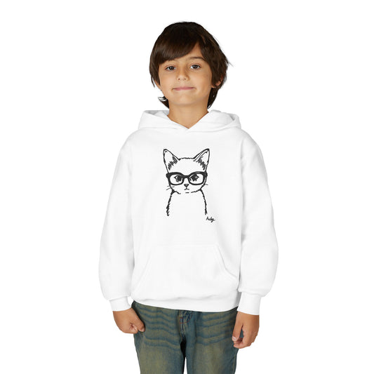 Youth Cat Hoodie with Glasses Sketch – Cute Kids Pullover