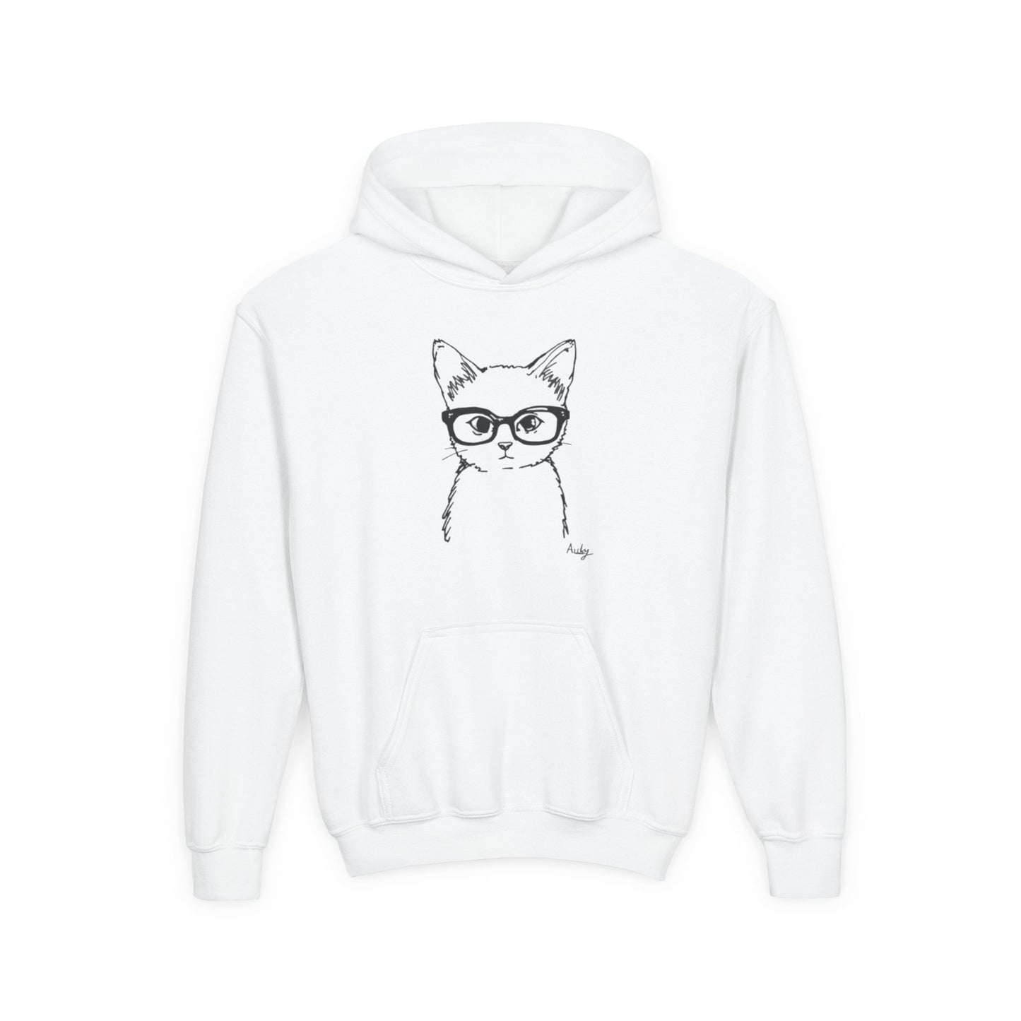 Youth Cat Hoodie with Glasses Sketch – Cute Kids Pullover