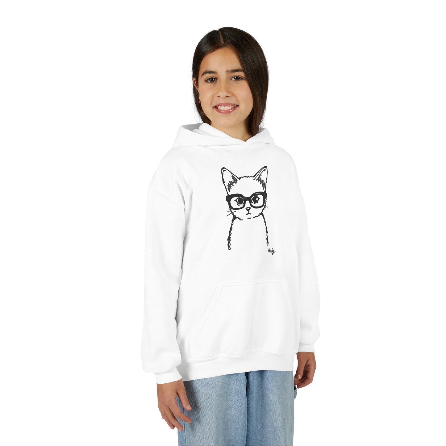 Youth Cat Hoodie with Glasses Sketch – Cute Kids Pullover